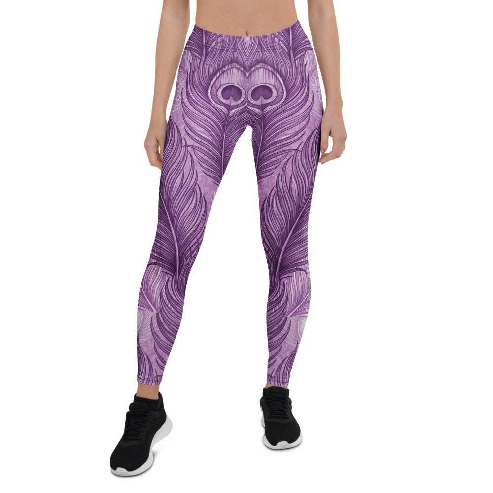 Personalisierte Damen Sportleggings Pfauenfeder Design Lila Fitness Yoga Leggings Violett M455