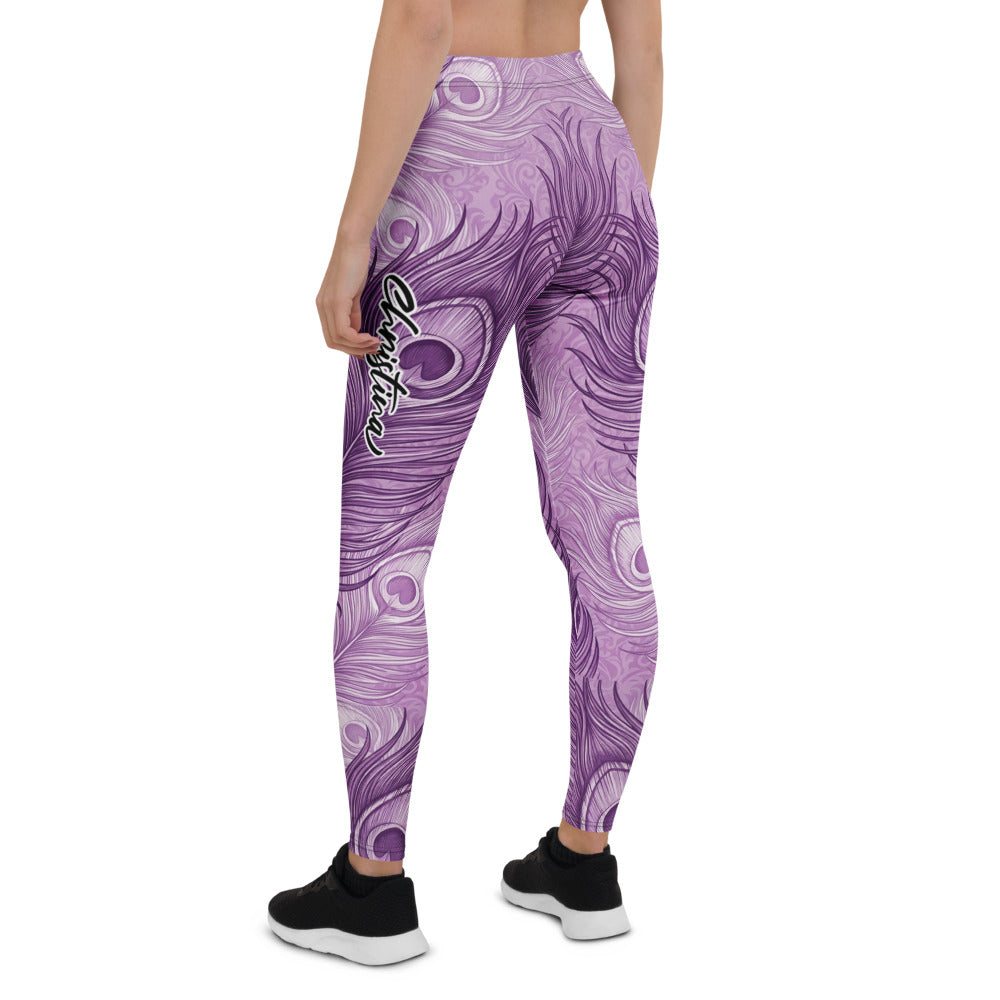 Personalisierte Damen Sportleggings Pfauenfeder Design Lila Fitness Yoga Leggings Violett M455