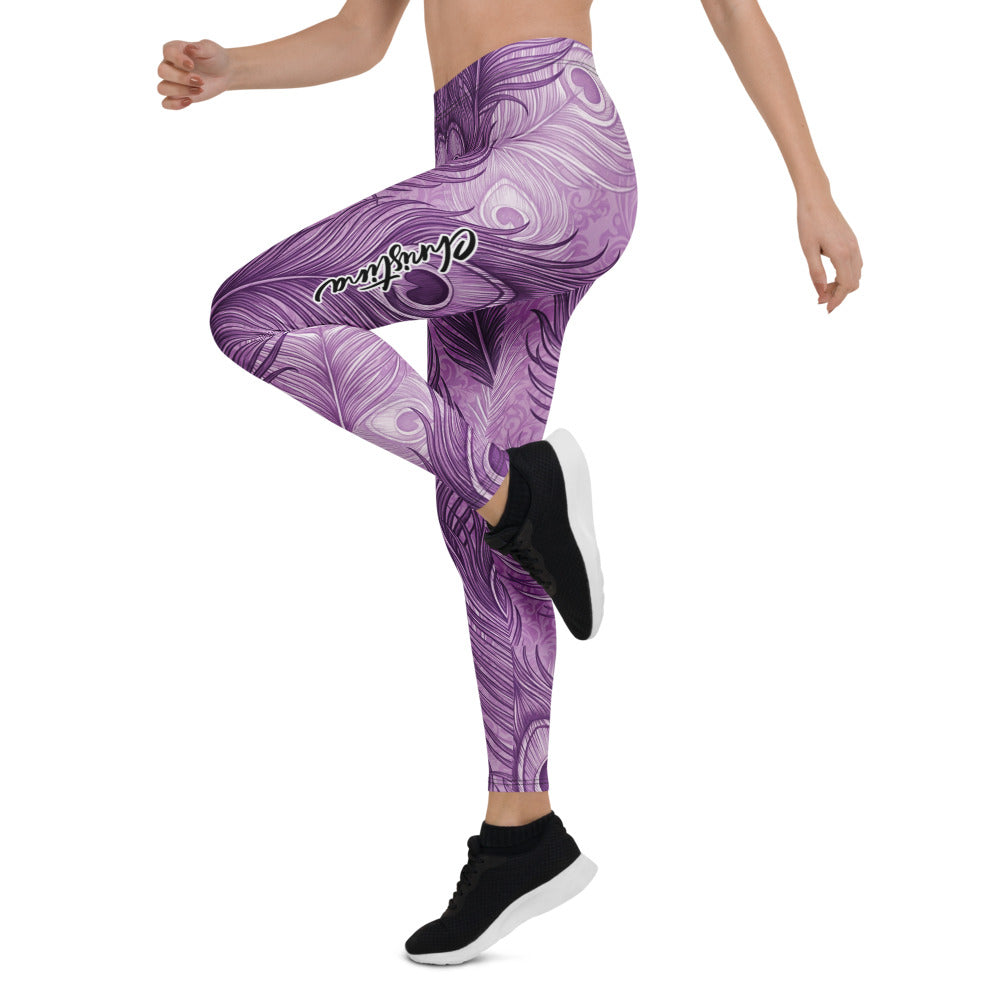 Personalisierte Damen Sportleggings Pfauenfeder Design Lila Fitness Yoga Leggings Violett M455