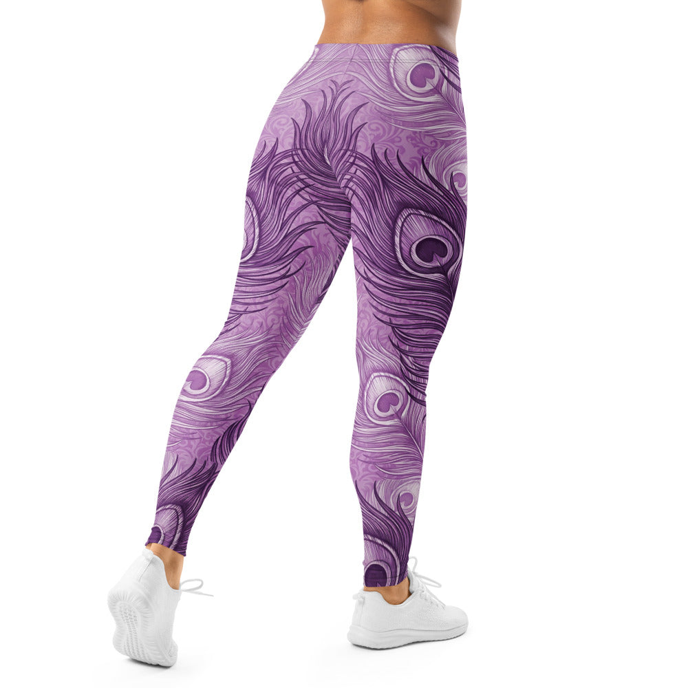 Personalisierte Damen Sportleggings Pfauenfeder Design Lila Fitness Yoga Leggings Violett M455