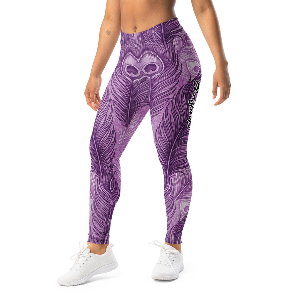 Personalisierte Damen Sportleggings Pfauenfeder Design Lila Fitness Yoga Leggings Violett M455