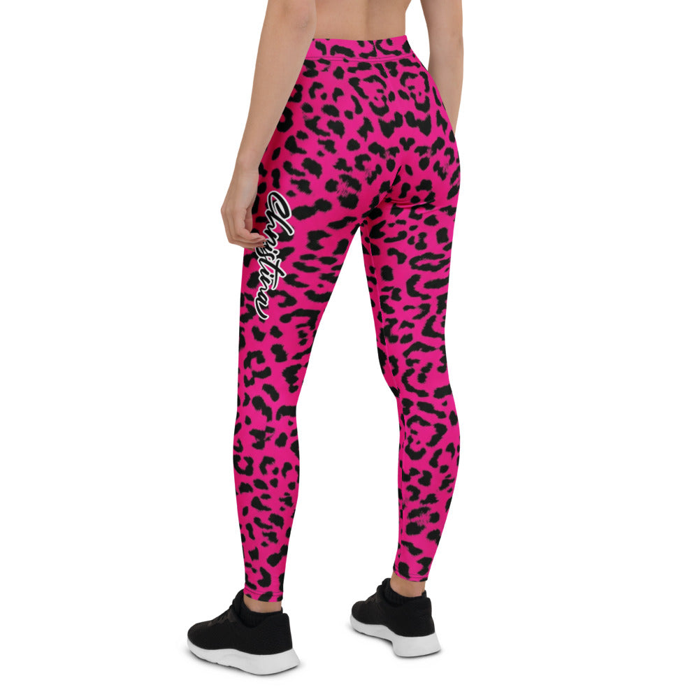Personalisierte Damen Sportleggings Leopard Muster Pink Schwarz Fitness Yoga Leggings Leo Print R790