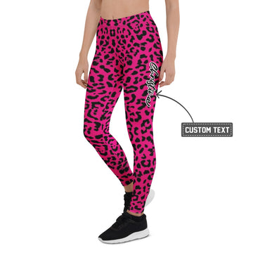 Personalisierte Damen Sportleggings Leopard Muster Pink Schwarz Fitness Yoga Leggings Leo Print R790 - XL