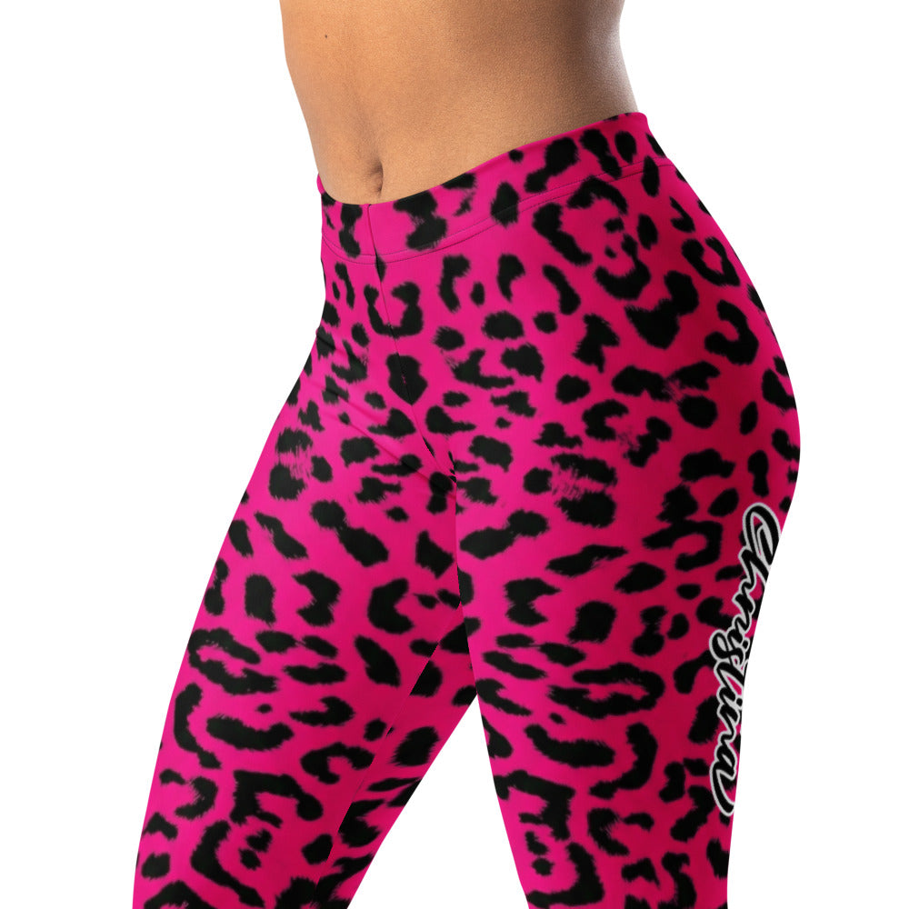Personalisierte Damen Sportleggings Leopard Muster Pink Schwarz Fitness Yoga Leggings Leo Print R790