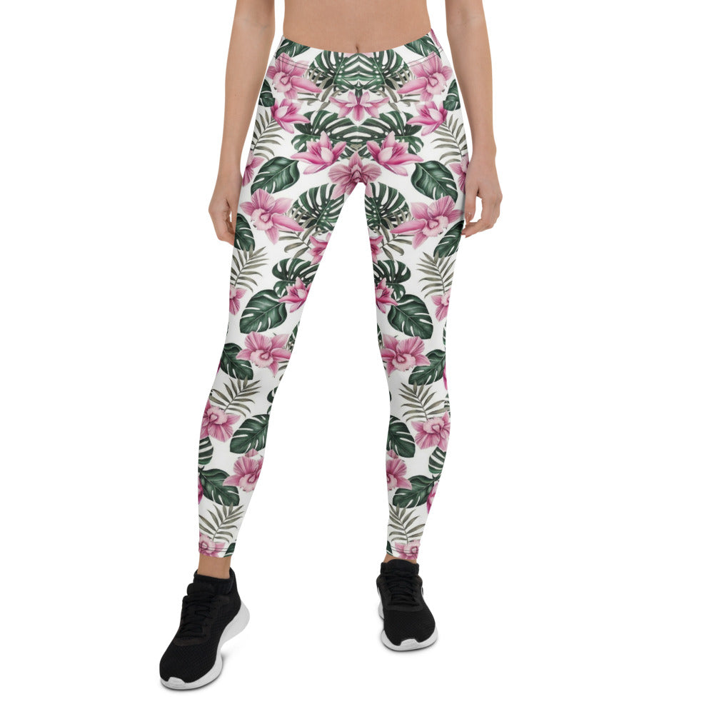 Personalisierte Damen Sportleggings Tropisches Blumenmuster Weiß Rosa Grün Fitness Yoga Leggings R830