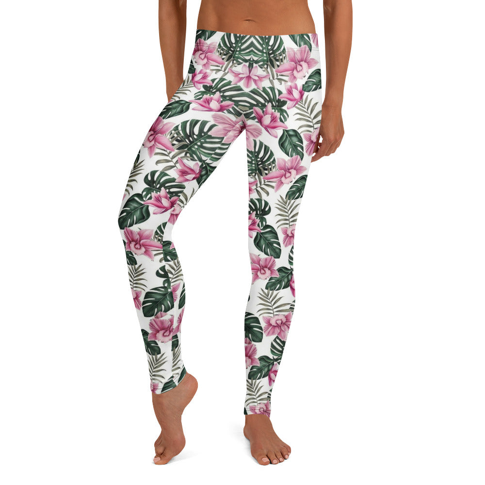 Personalisierte Damen Sportleggings Tropisches Blumenmuster Weiß Rosa Grün Fitness Yoga Leggings R830