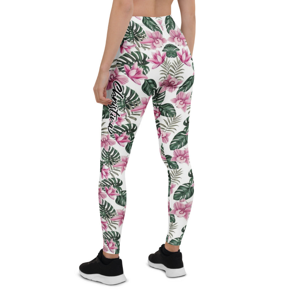 Personalisierte Damen Sportleggings Tropisches Blumenmuster Weiß Rosa Grün Fitness Yoga Leggings R830