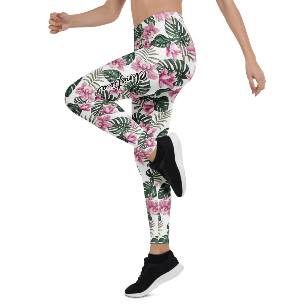 Personalisierte Damen Sportleggings Tropisches Blumenmuster Weiß Rosa Grün Fitness Yoga Leggings R830