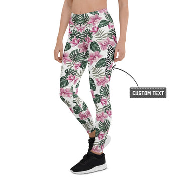 Personalisierte Damen Sportleggings Tropisches Blumenmuster Weiß Rosa Grün Fitness Yoga Leggings R830 - XL