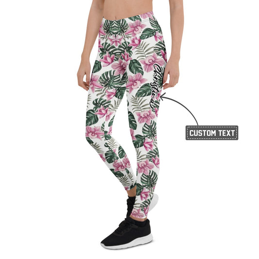 Personalisierte Damen Sportleggings Tropisches Blumenmuster Weiß Rosa Grün Fitness Yoga Leggings R830 - XL
