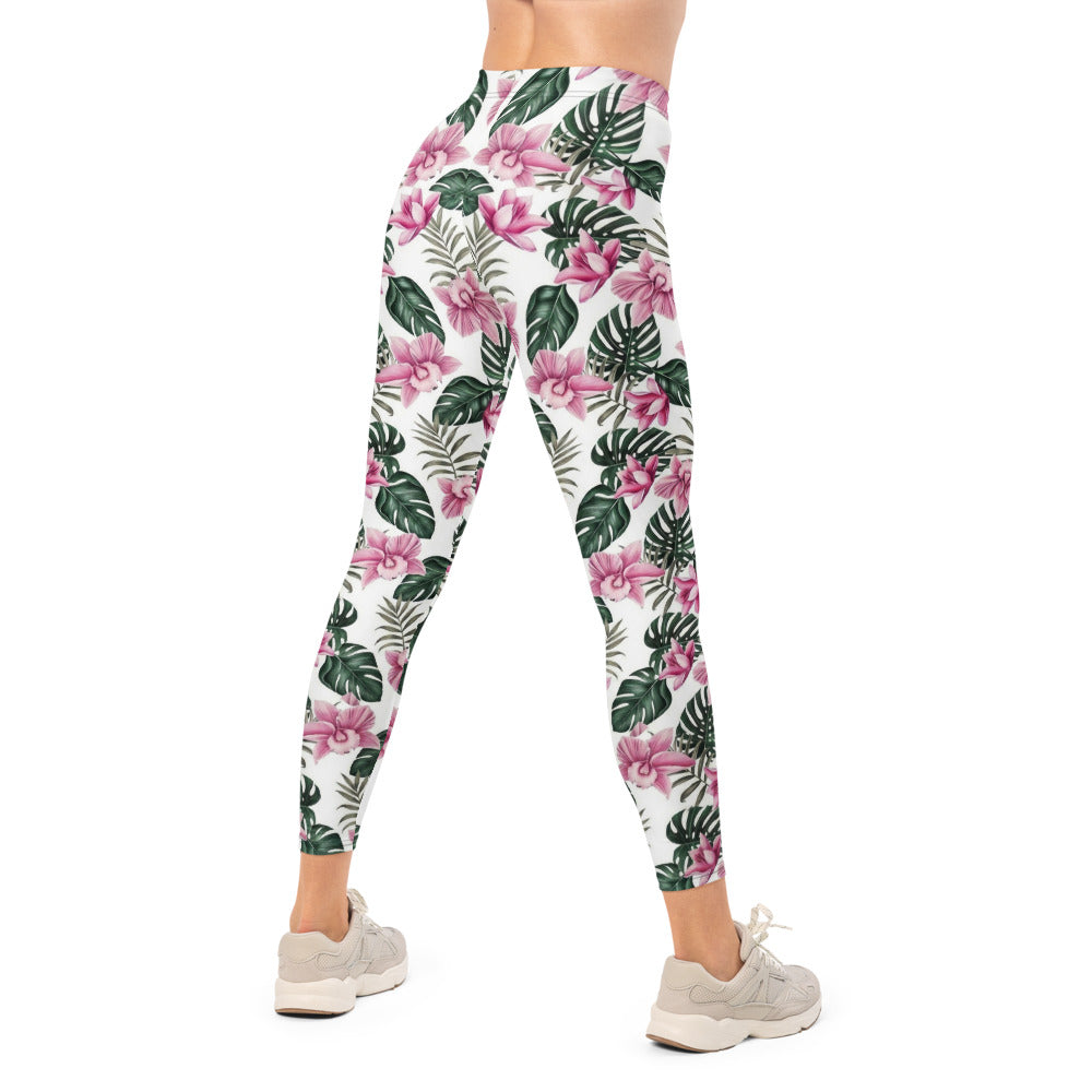 Personalisierte Damen Sportleggings Tropisches Blumenmuster Weiß Rosa Grün Fitness Yoga Leggings R830