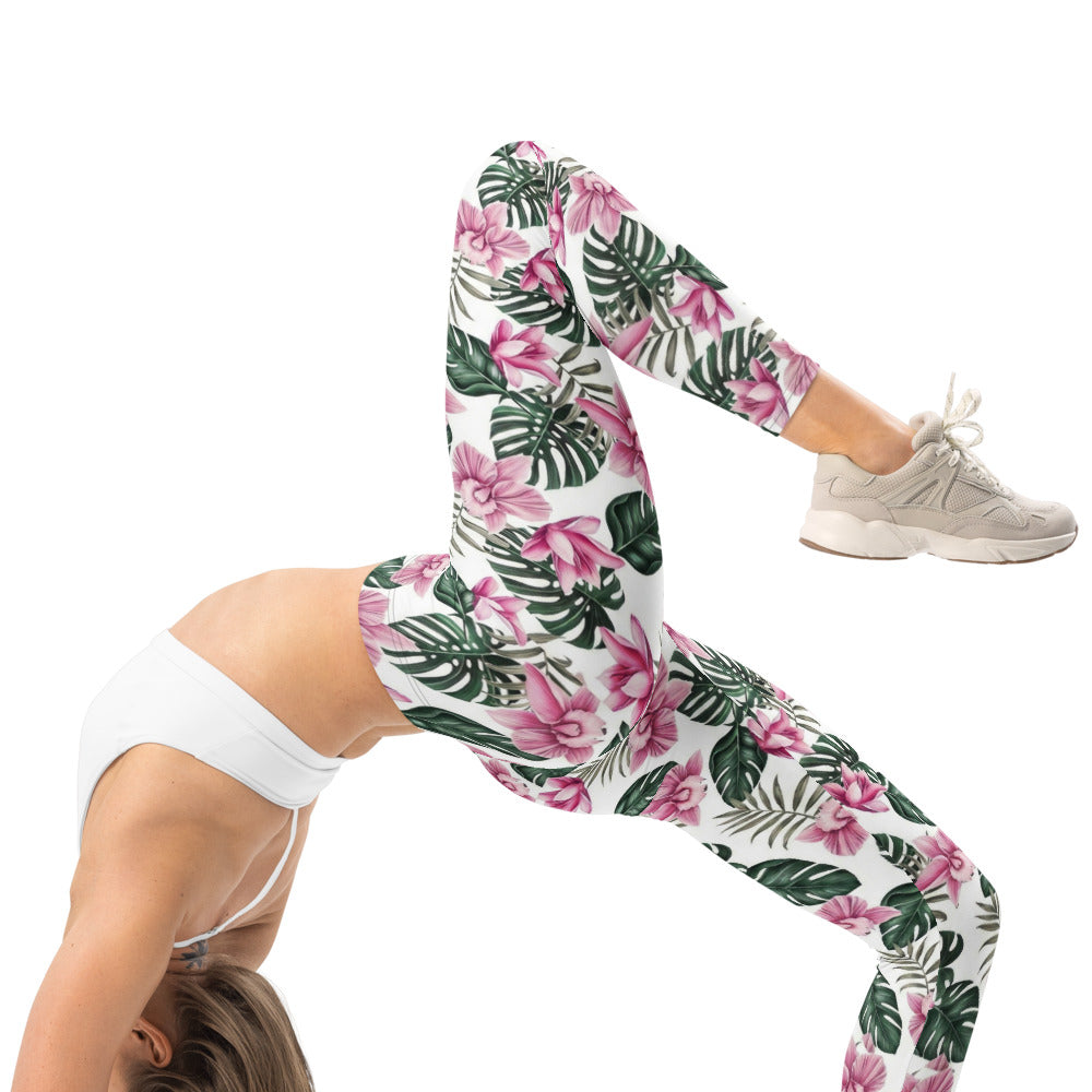 Personalisierte Damen Sportleggings Tropisches Blumenmuster Weiß Rosa Grün Fitness Yoga Leggings R830