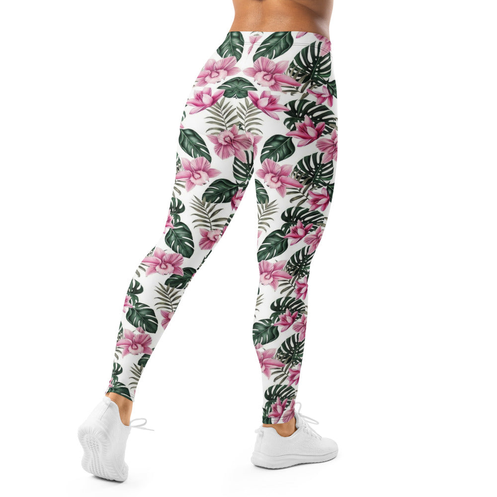 Personalisierte Damen Sportleggings Tropisches Blumenmuster Weiß Rosa Grün Fitness Yoga Leggings R830