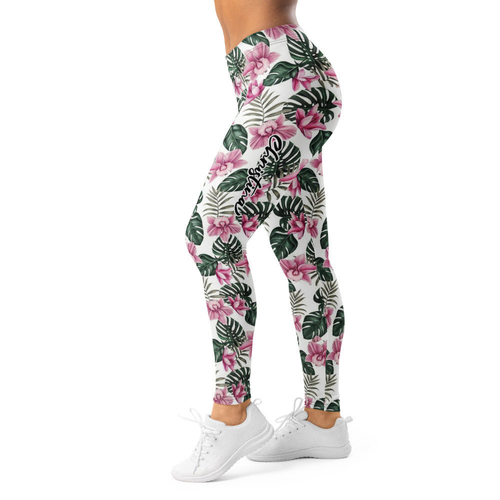 Personalisierte Damen Sportleggings Tropisches Blumenmuster Weiß Rosa Grün Fitness Yoga Leggings R830