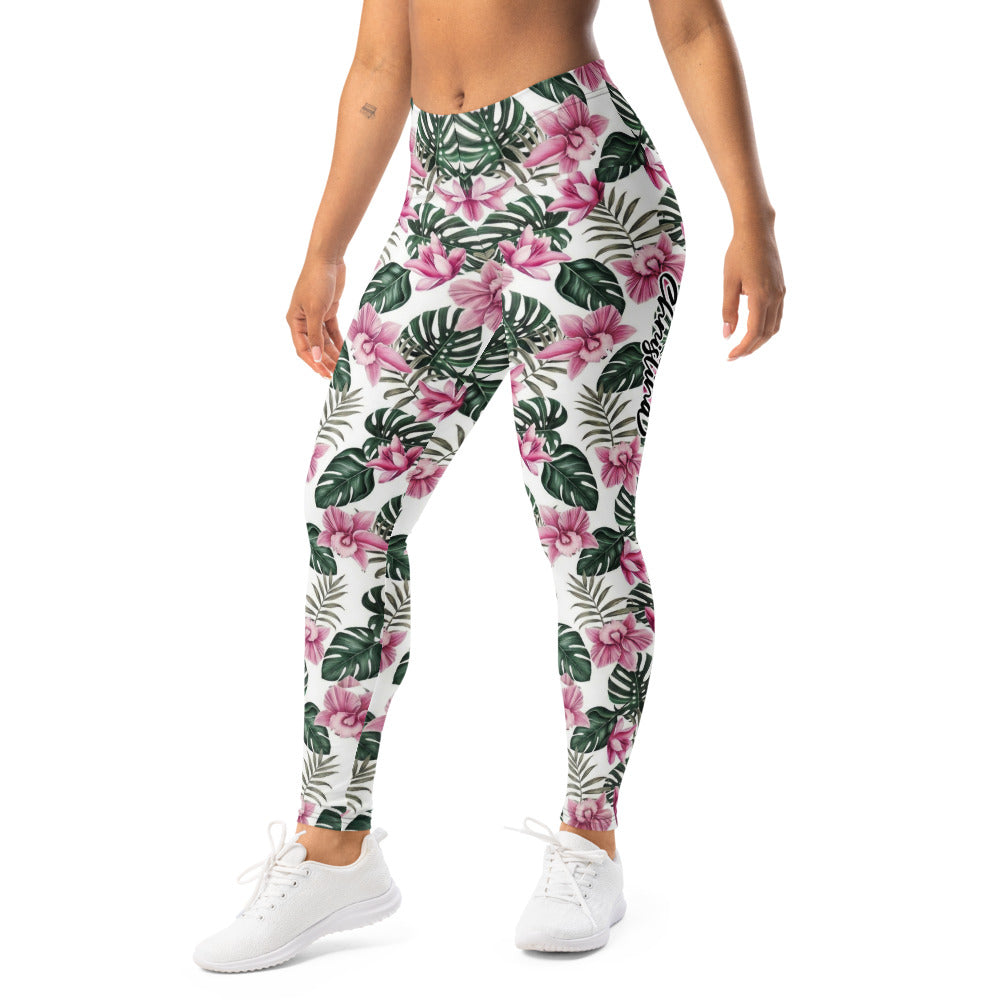 Personalisierte Damen Sportleggings Tropisches Blumenmuster Weiß Rosa Grün Fitness Yoga Leggings R830