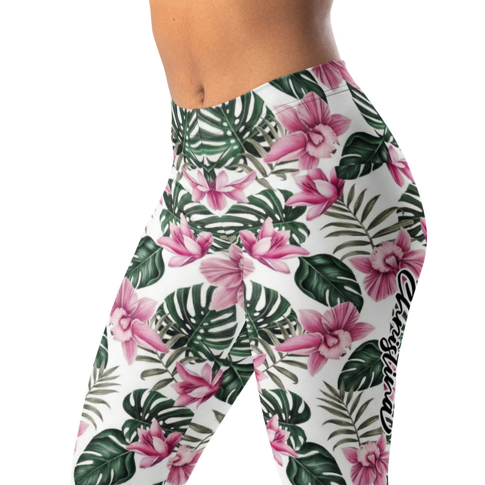Personalisierte Damen Sportleggings Tropisches Blumenmuster Weiß Rosa Grün Fitness Yoga Leggings R830