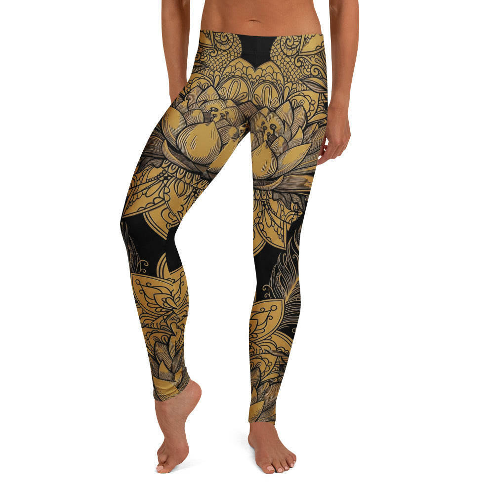Personalisierte Damen Sportleggings Schwarz Gold Lotusblüte Mandala Design Fitness Yoga Leggings N737