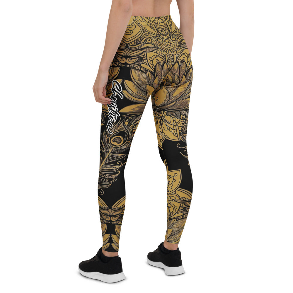 Personalisierte Damen Sportleggings Schwarz Gold Lotusblüte Mandala Design Fitness Yoga Leggings N737