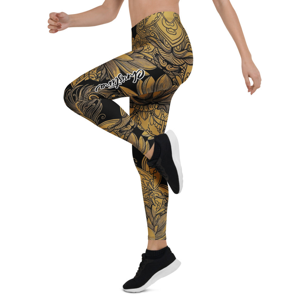 Personalisierte Damen Sportleggings Schwarz Gold Lotusblüte Mandala Design Fitness Yoga Leggings N737