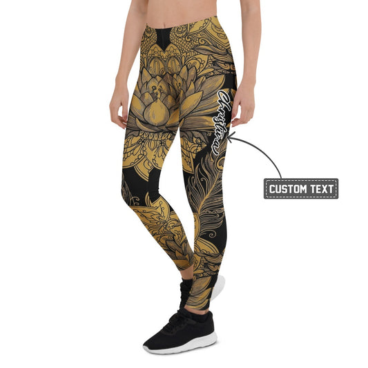 Personalisierte Damen Sportleggings Schwarz Gold Lotusblüte Mandala Design Fitness Yoga Leggings N737 - XL