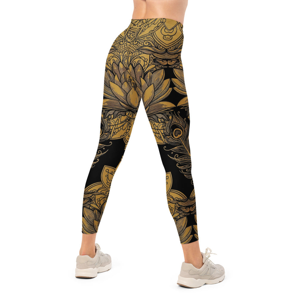 Personalisierte Damen Sportleggings Schwarz Gold Lotusblüte Mandala Design Fitness Yoga Leggings N737