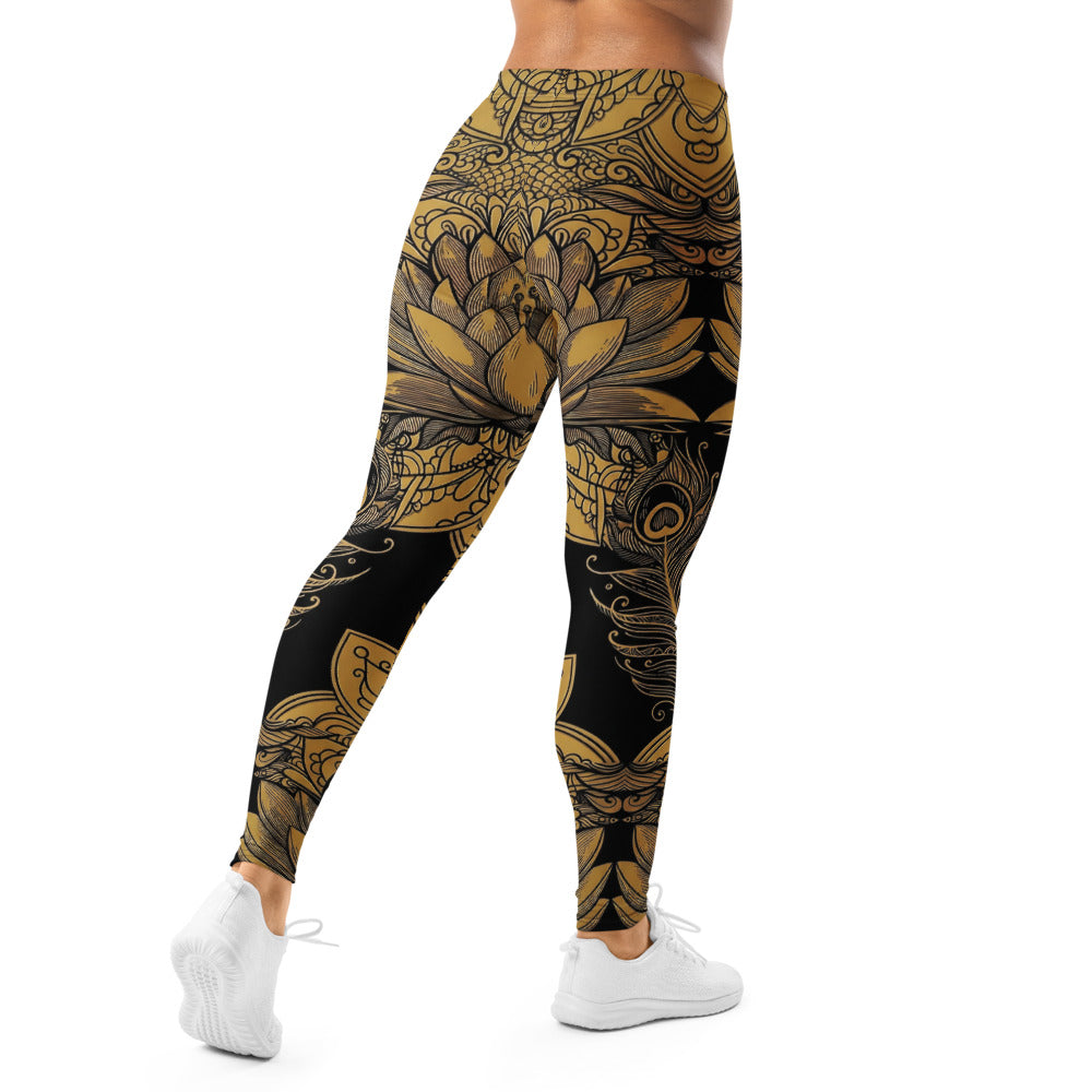 Personalisierte Damen Sportleggings Schwarz Gold Lotusblüte Mandala Design Fitness Yoga Leggings N737