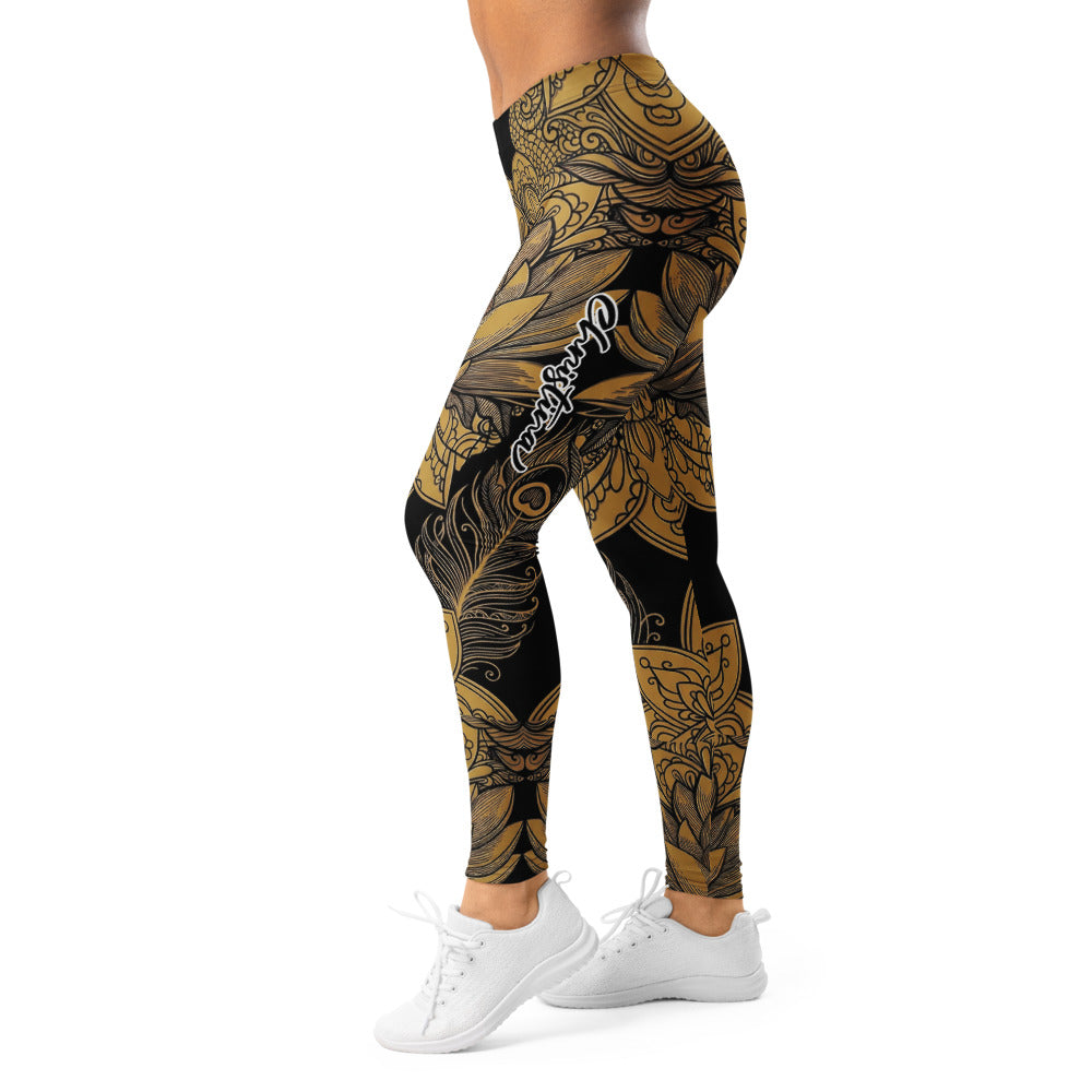 Personalisierte Damen Sportleggings Schwarz Gold Lotusblüte Mandala Design Fitness Yoga Leggings N737