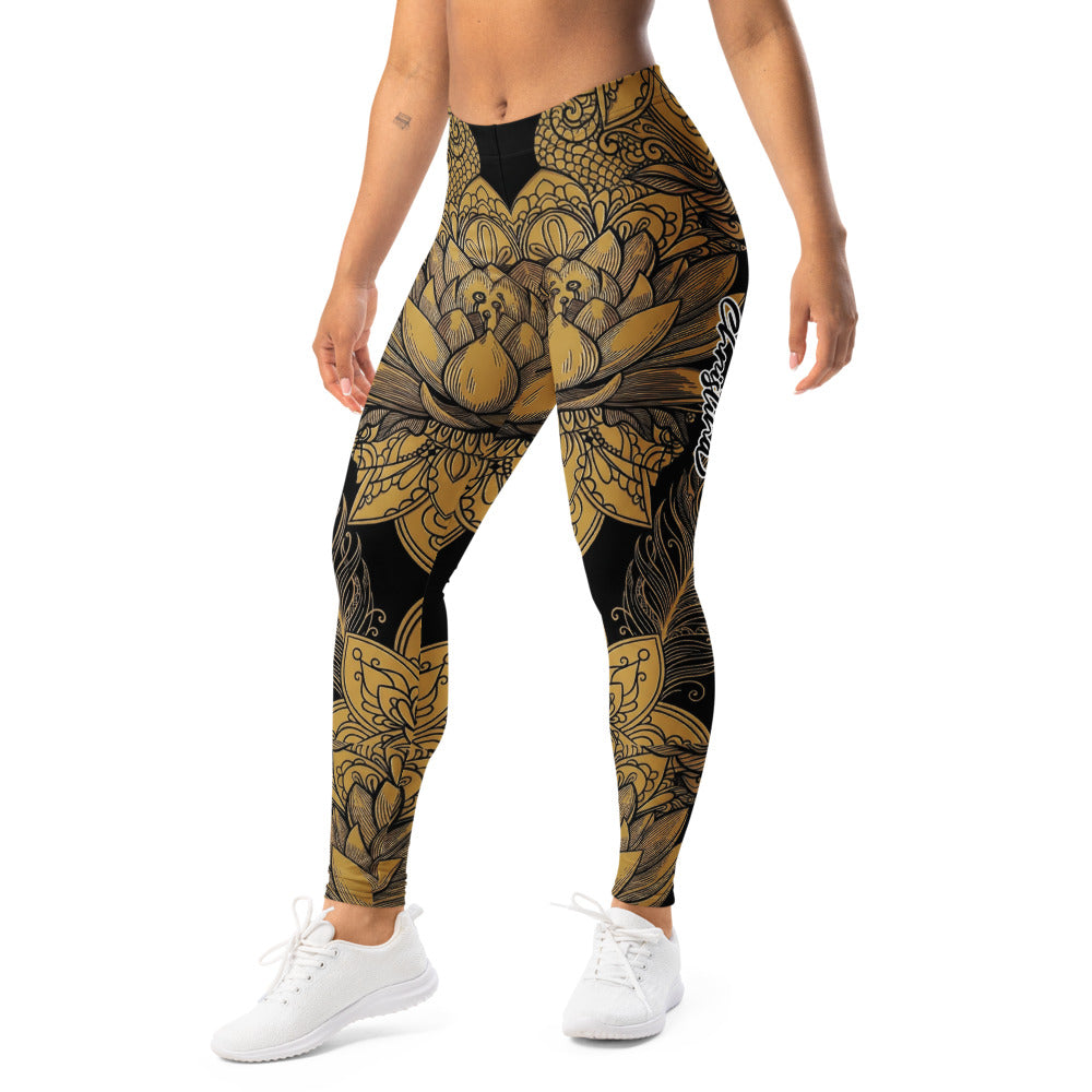 Personalisierte Damen Sportleggings Schwarz Gold Lotusblüte Mandala Design Fitness Yoga Leggings N737