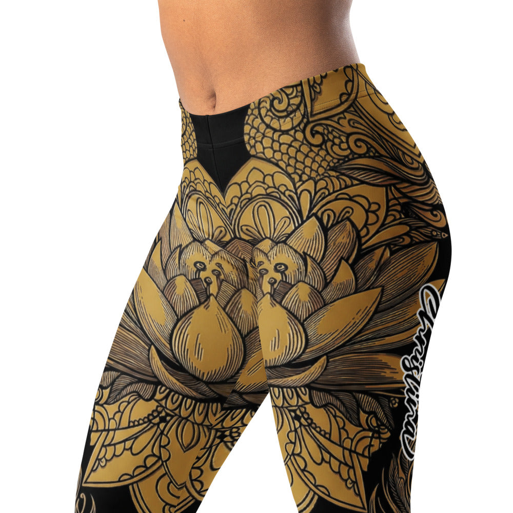 Personalisierte Damen Sportleggings Schwarz Gold Lotusblüte Mandala Design Fitness Yoga Leggings N737