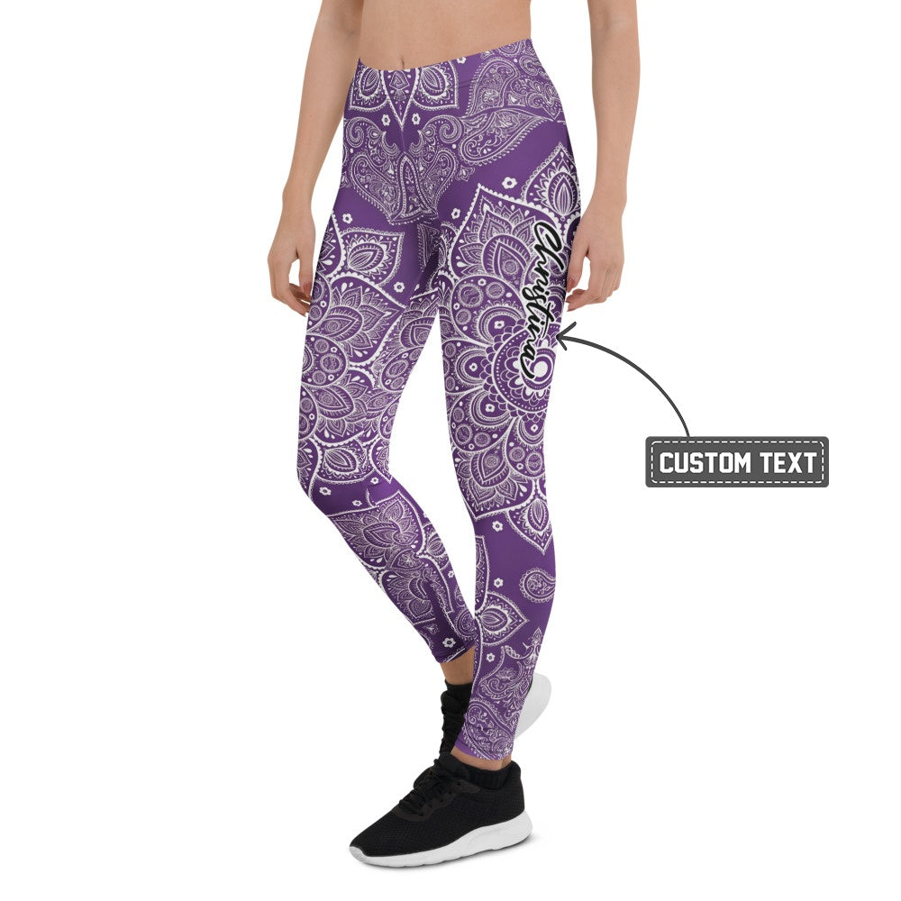 Personalisierte Damen Sportleggings Mandala Muster Lila Weiß Yoga Leggings G054 - XL