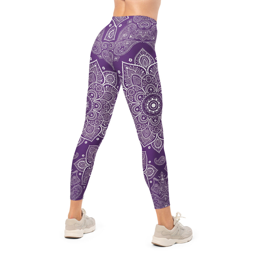 Personalisierte Damen Sportleggings Mandala Muster Lila Weiß Yoga Leggings G054