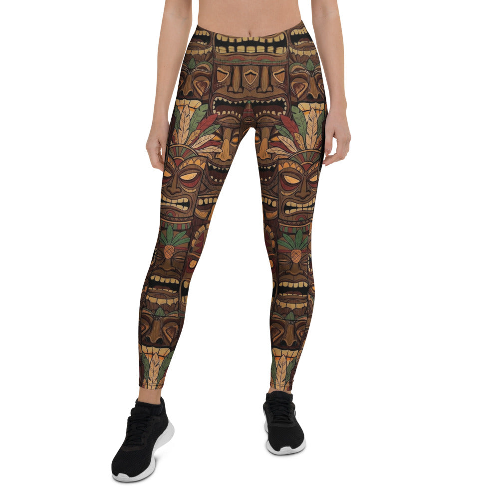 Personalisierte Damen Sportleggings Tiki Masken Design Braun Bunt Fitness Leggings Yoga Hose Tribal Look B244