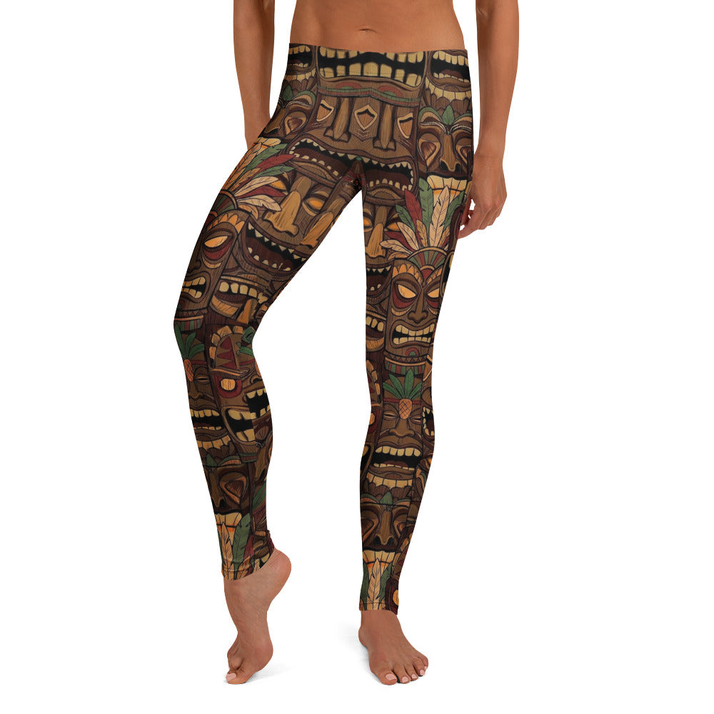 Personalisierte Damen Sportleggings Tiki Masken Design Braun Bunt Fitness Leggings Yoga Hose Tribal Look B244