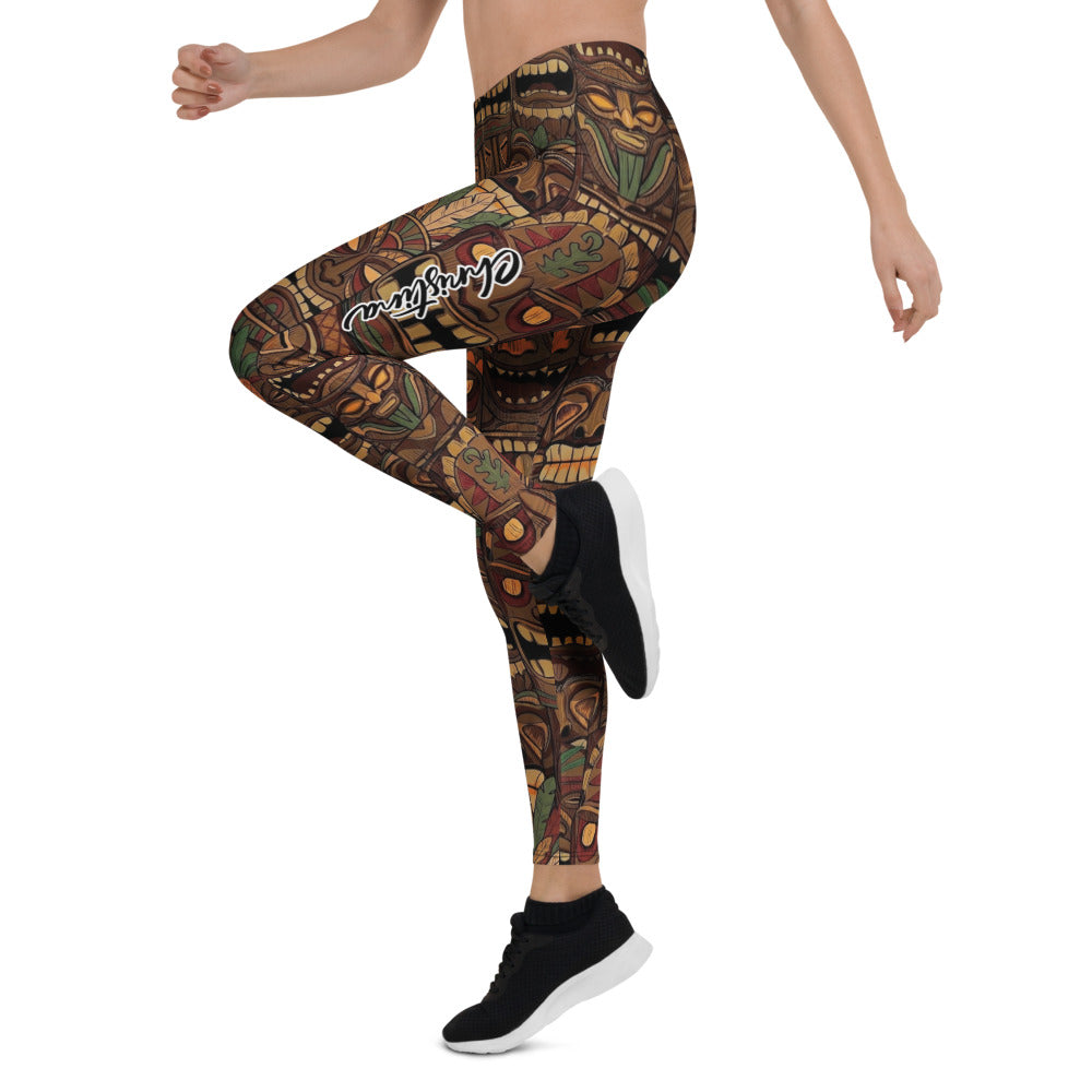 Personalisierte Damen Sportleggings Tiki Masken Design Braun Bunt Fitness Leggings Yoga Hose Tribal Look B244