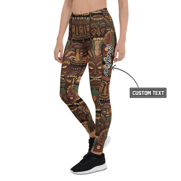 Personalisierte Damen Sportleggings Tiki Masken Design Braun Bunt Fitness Leggings Yoga Hose Tribal Look B244 - XL