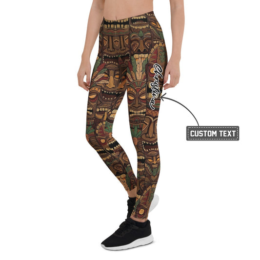 Personalisierte Damen Sportleggings Tiki Masken Design Braun Bunt Fitness Leggings Yoga Hose Tribal Look B244 - XL