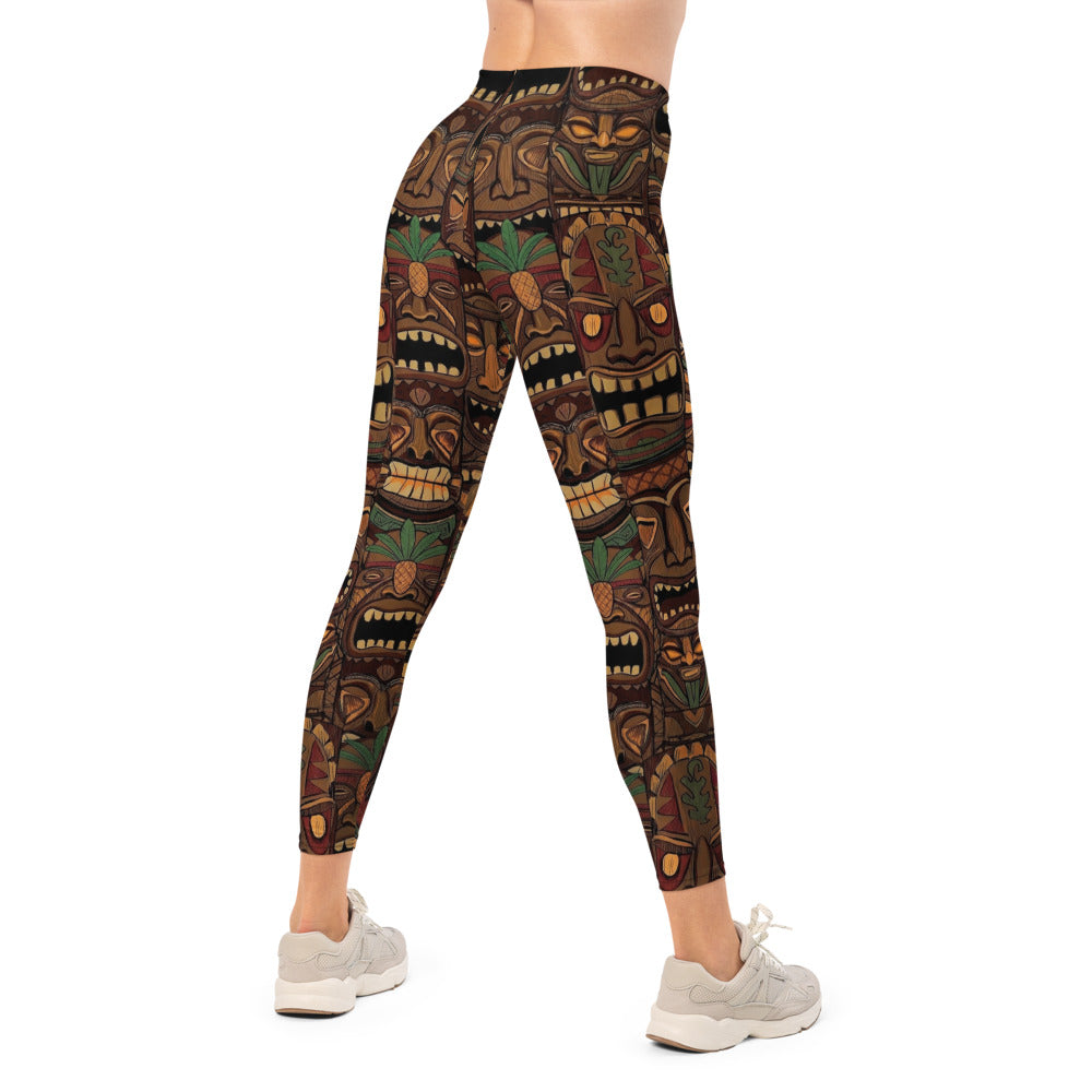 Personalisierte Damen Sportleggings Tiki Masken Design Braun Bunt Fitness Leggings Yoga Hose Tribal Look B244