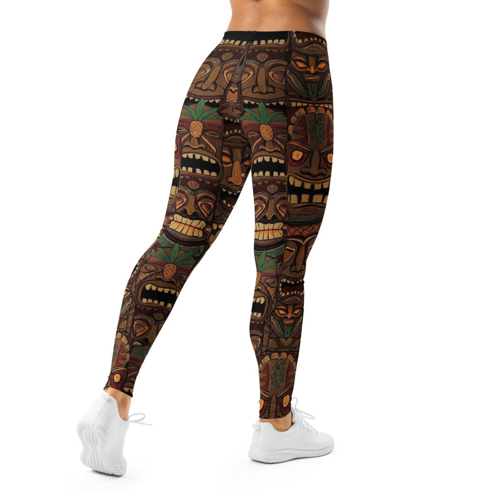Personalisierte Damen Sportleggings Tiki Masken Design Braun Bunt Fitness Leggings Yoga Hose Tribal Look B244