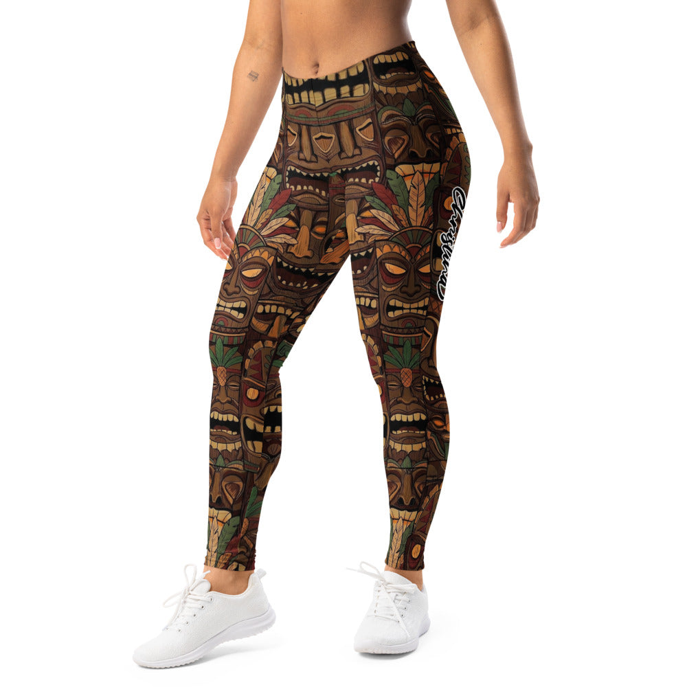 Personalisierte Damen Sportleggings Tiki Masken Design Braun Bunt Fitness Leggings Yoga Hose Tribal Look B244