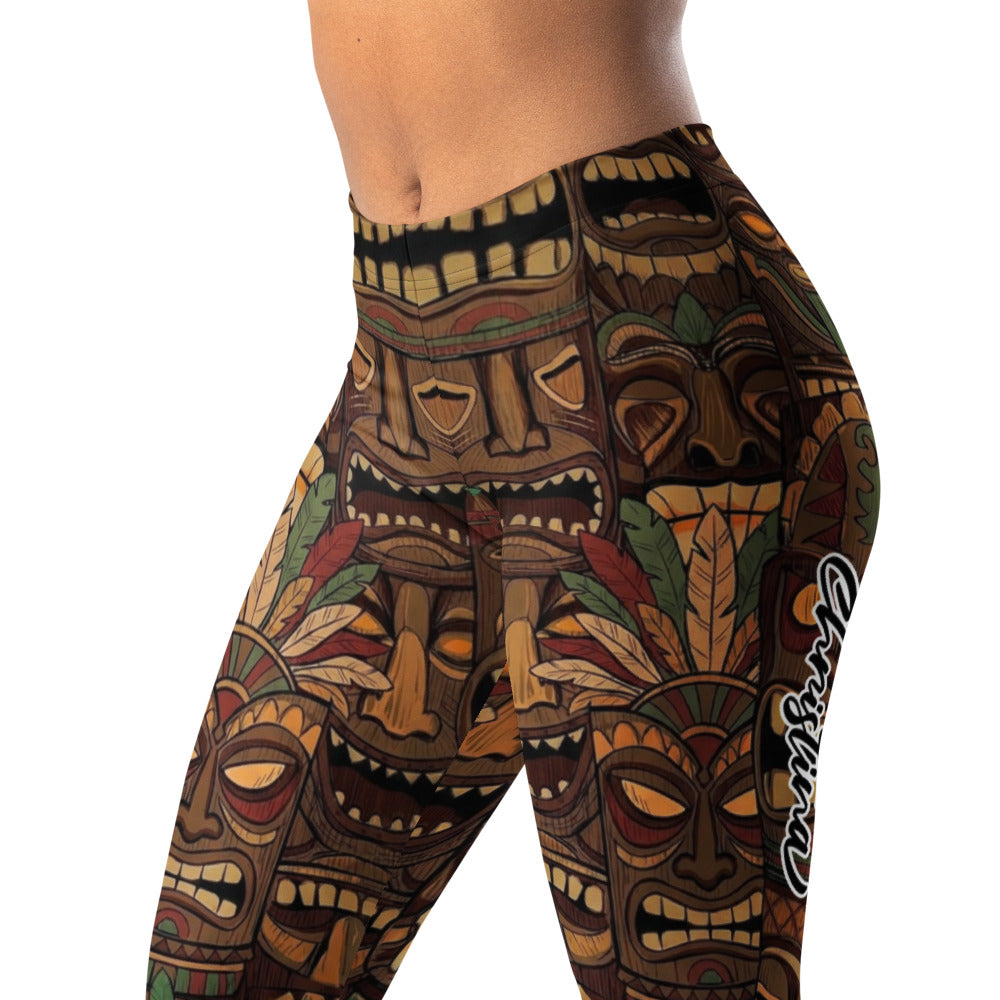 Personalisierte Damen Sportleggings Tiki Masken Design Braun Bunt Fitness Leggings Yoga Hose Tribal Look B244