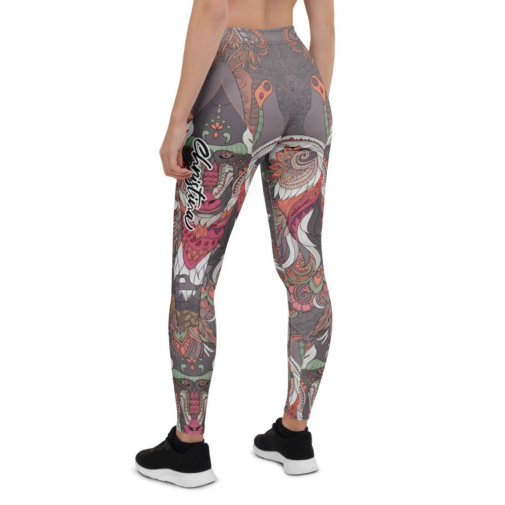 Personalisierte Damen Sportleggings Mandala Muster Grau Mehrfarbig Yoga Leggings Boho Design Fitnesshose L208