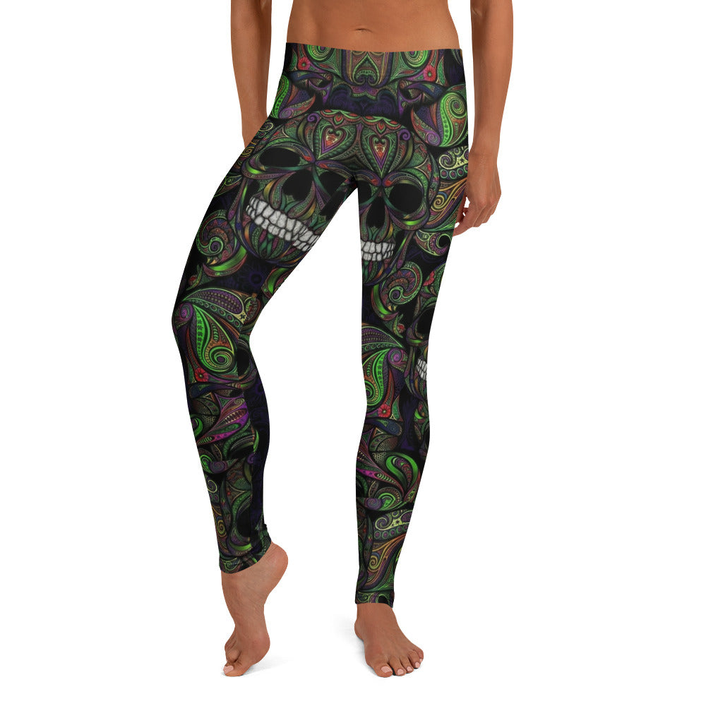 Personalisierte Damen Sportleggings Totenkopf Design Paisley Muster Schwarz Grün Lila Fitness Leggings S712