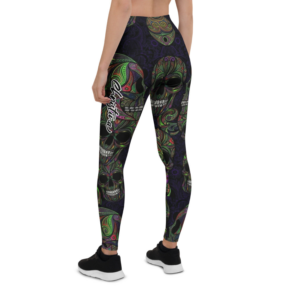 Personalisierte Damen Sportleggings Totenkopf Design Paisley Muster Schwarz Grün Lila Fitness Leggings S712
