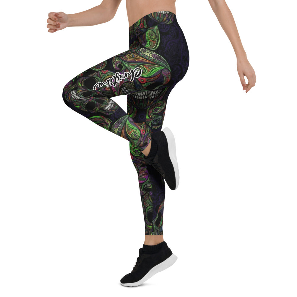 Personalisierte Damen Sportleggings Totenkopf Design Paisley Muster Schwarz Grün Lila Fitness Leggings S712