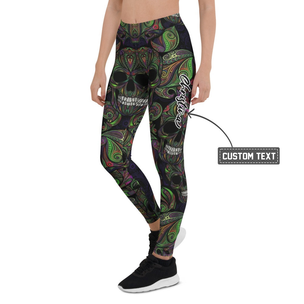Personalisierte Damen Sportleggings Totenkopf Design Paisley Muster Schwarz Grün Lila Fitness Leggings S712 - XL
