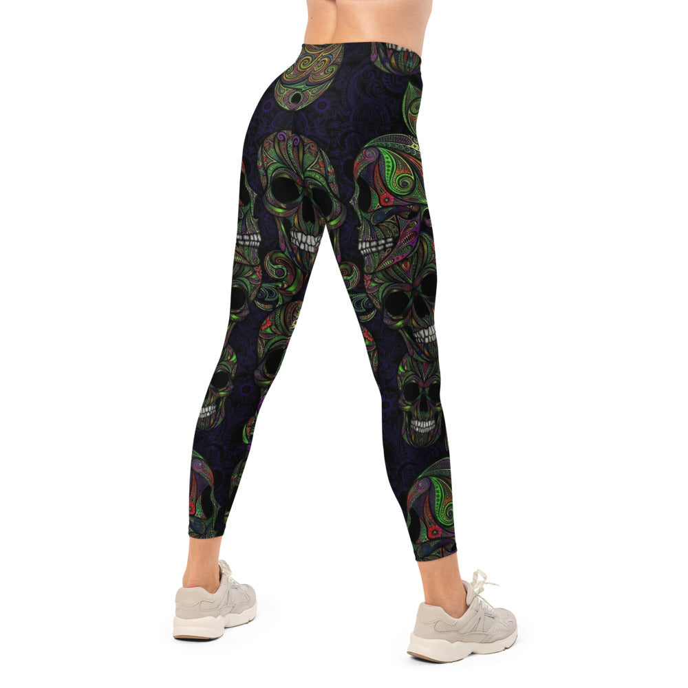 Personalisierte Damen Sportleggings Totenkopf Design Paisley Muster Schwarz Grün Lila Fitness Leggings S712