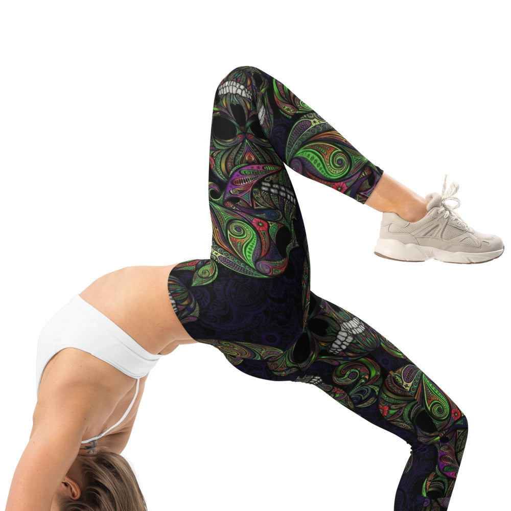 Personalisierte Damen Sportleggings Totenkopf Design Paisley Muster Schwarz Grün Lila Fitness Leggings S712