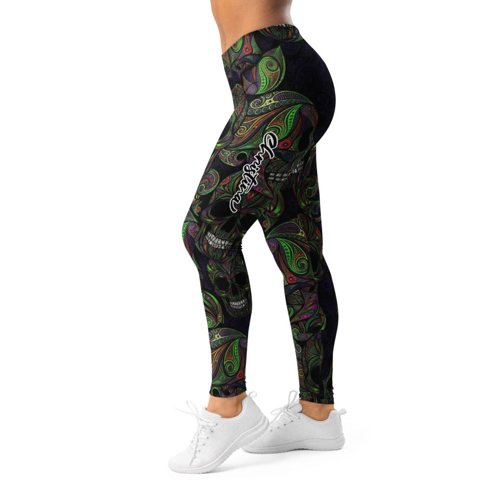 Personalisierte Damen Sportleggings Totenkopf Design Paisley Muster Schwarz Grün Lila Fitness Leggings S712