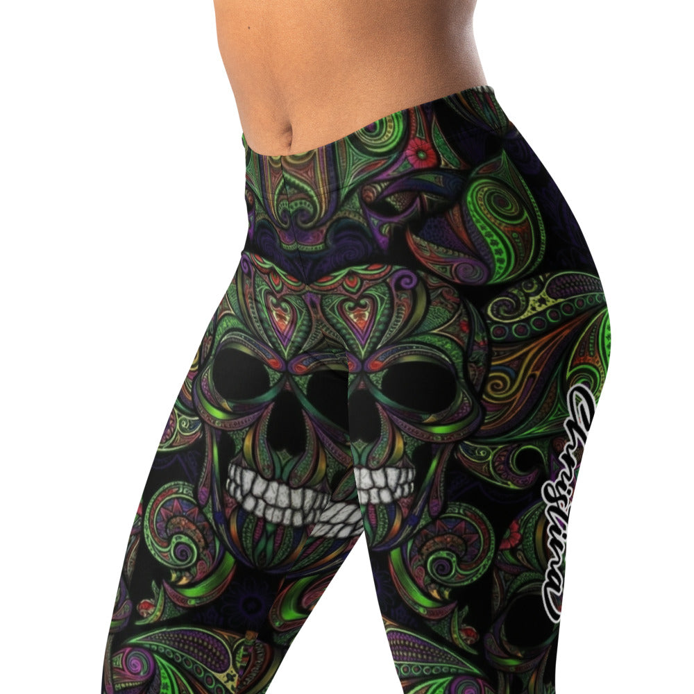 Personalisierte Damen Sportleggings Totenkopf Design Paisley Muster Schwarz Grün Lila Fitness Leggings S712