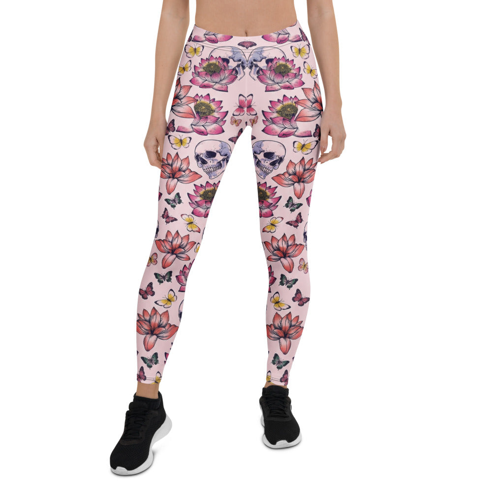 Personalisierte Sportleggings Damen Totenkopf Design Lotusblüten Schmetterlinge Rosa Fitness Leggings N665